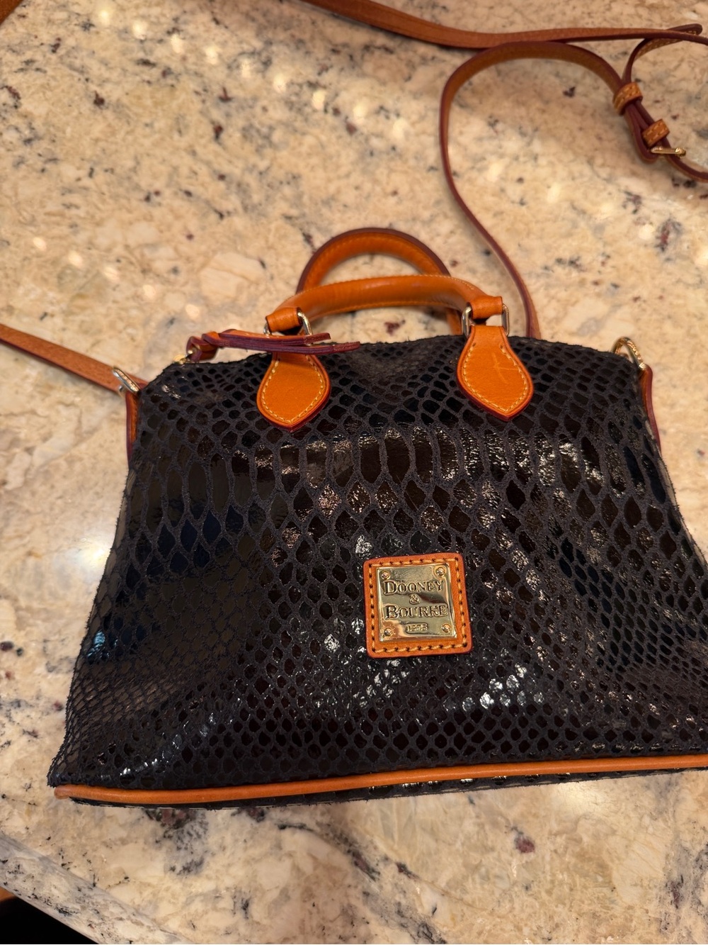 Dooney & Bourke Black Snake-Embossed Crossbody with Tan Trim